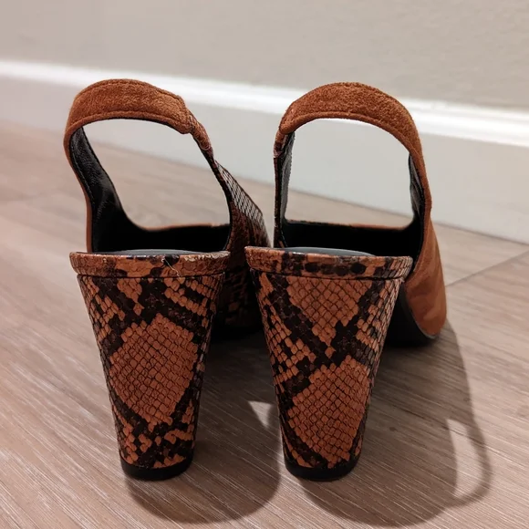 Mango Faux Snakeskin Suede Slingback Heels Size US 9.5 Cognac - Picture 4 of 15
